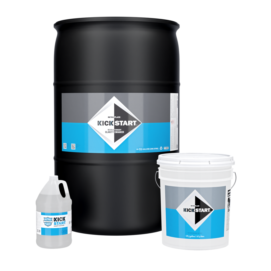 KickStart concrete clarity enhancer in drum, pail, and gallon sizes